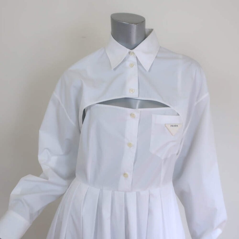Prada Convertible Pleated Midi Dress White Cotton Poplin Size 40 NEW - Picture 2 of 9